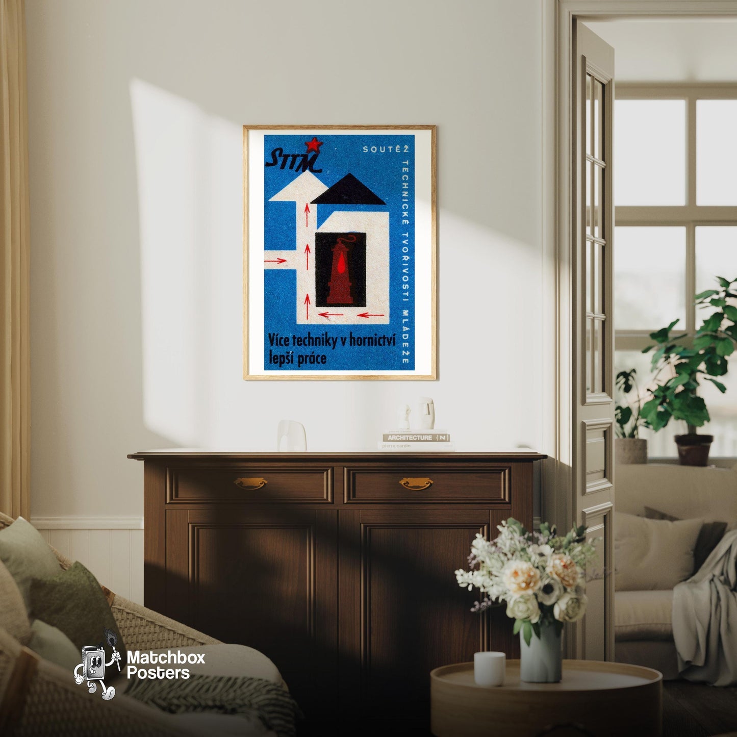 Mining Technology - vintage matchbox label print - living room mockup
