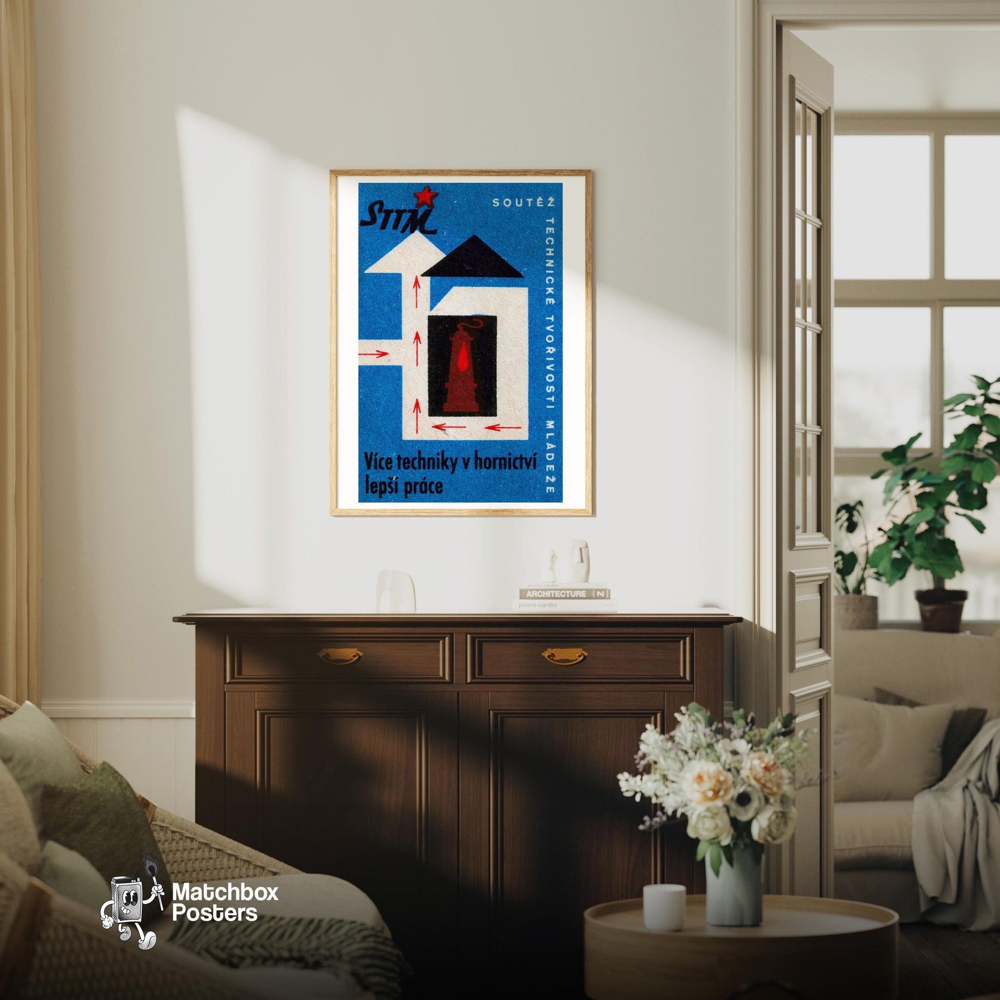 Mining Technology - vintage matchbox label print - living room mockup