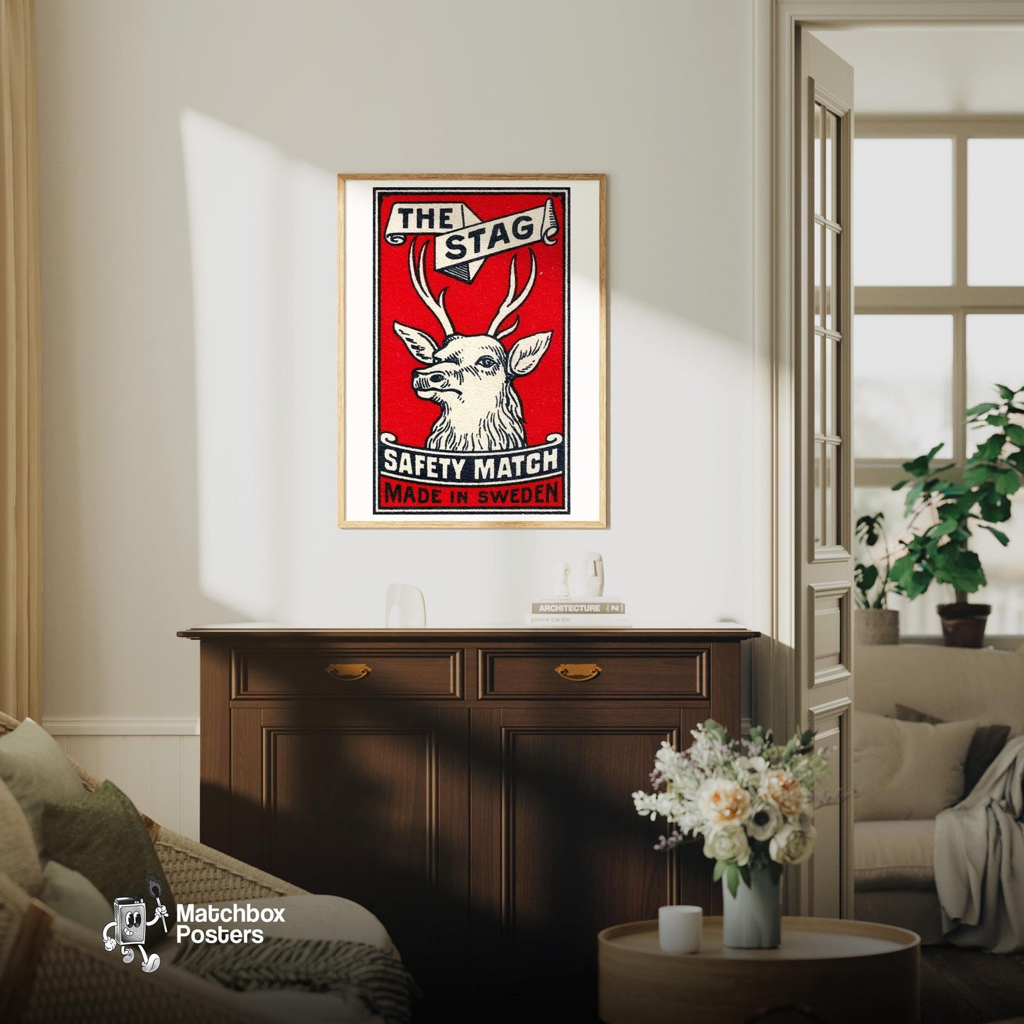 The Stag: Vintage Sweden - vintage matchbox label print - living room mockup