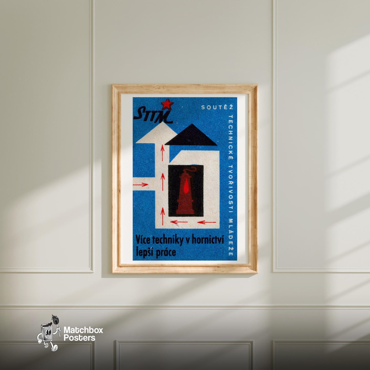 Mining Technology - vintage matchbox label print - bedroom mockup