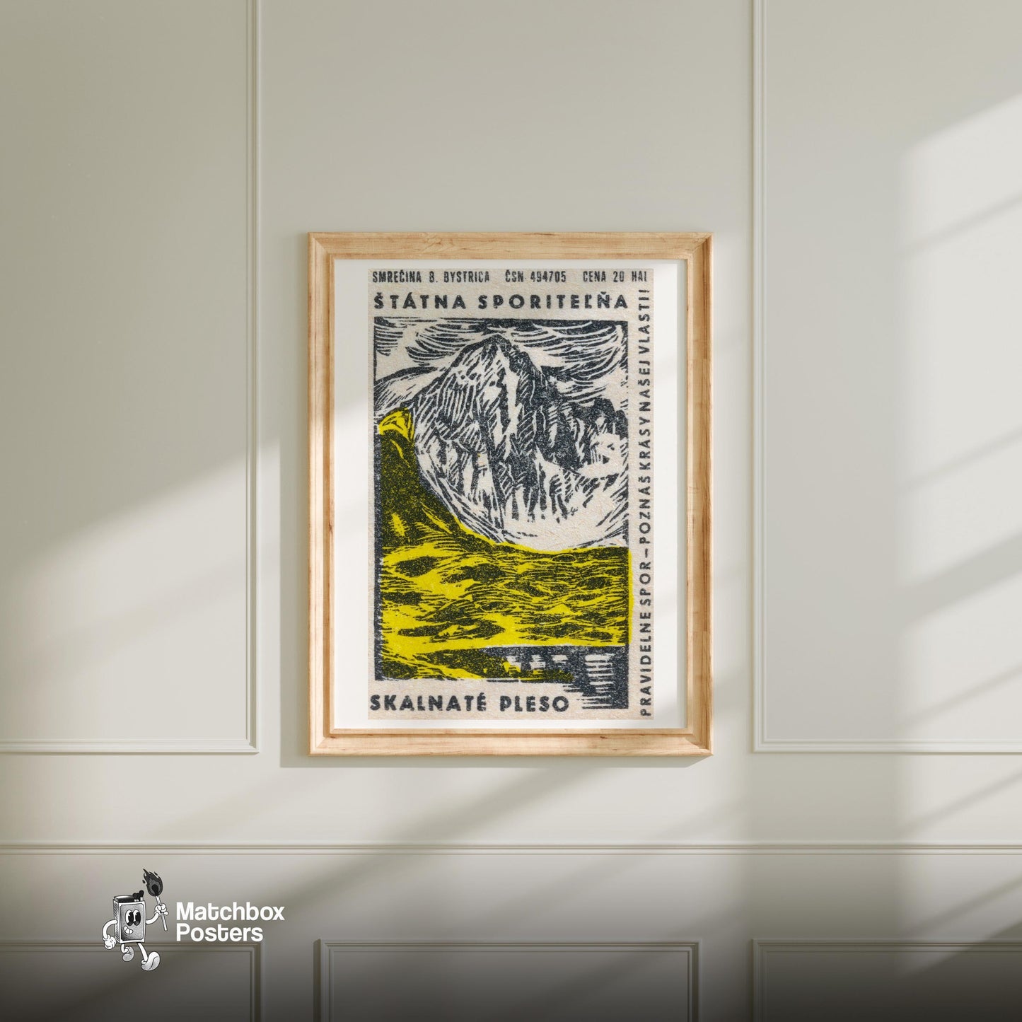 Yellow Glacier - vintage matchbox label print - bedroom mockup
