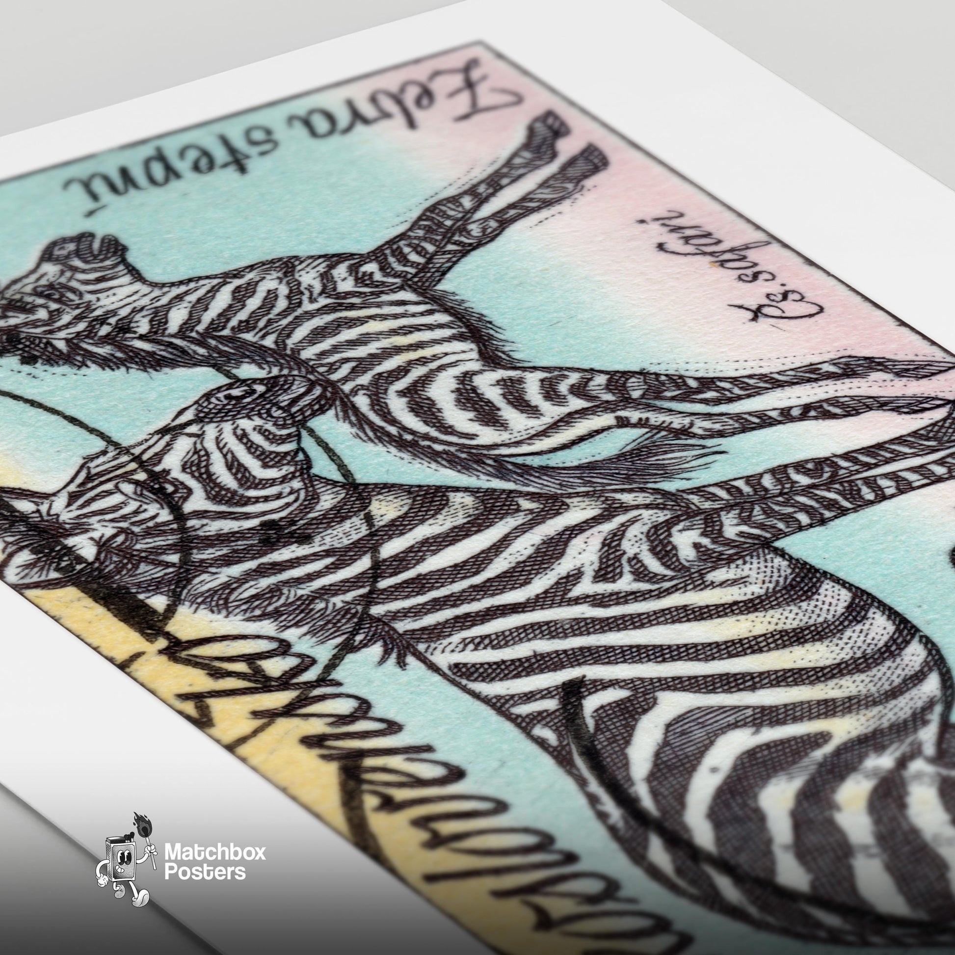 Zebra and Foal - vintage matchbox label print - close-up detail