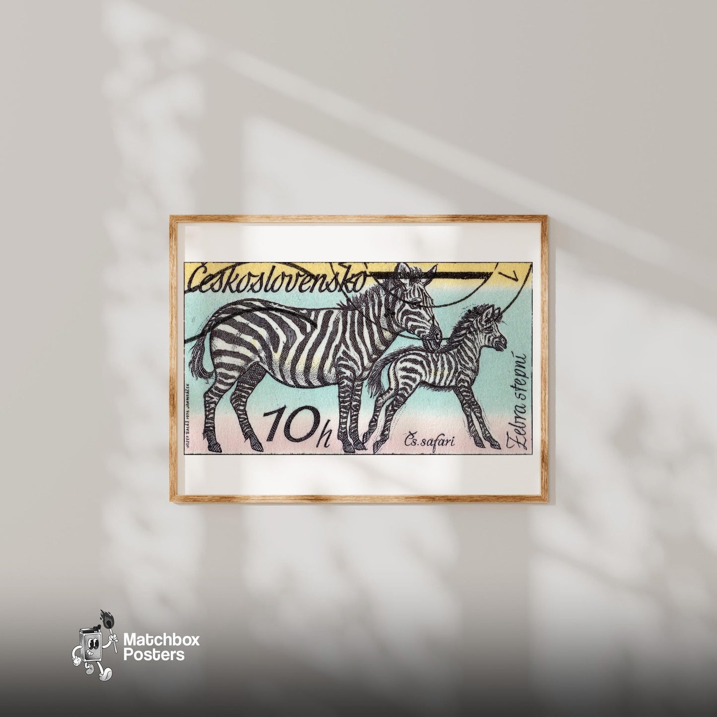 Zebra and Foal - vintage matchbox label print - bedroom mockup