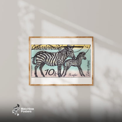 Zebra and Foal - vintage matchbox label print - bedroom mockup