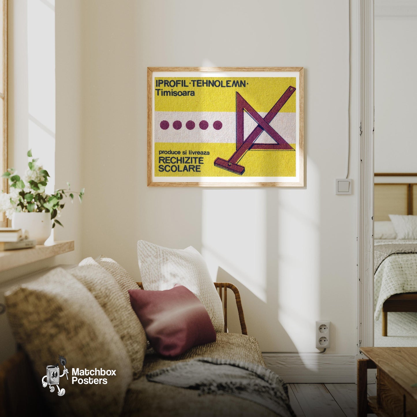 Drawing Triangle Romania - vintage matchbox label print - living room mockup