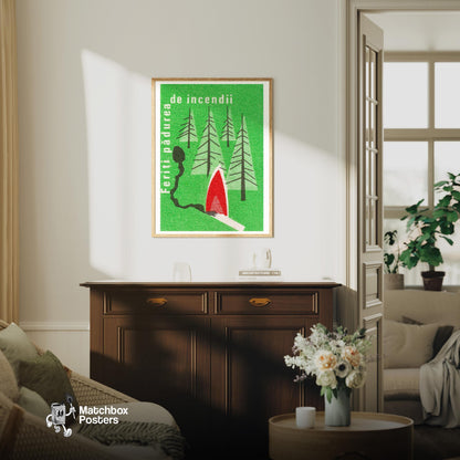 Protect Forest from Fires - vintage matchbox label print - living room mockup