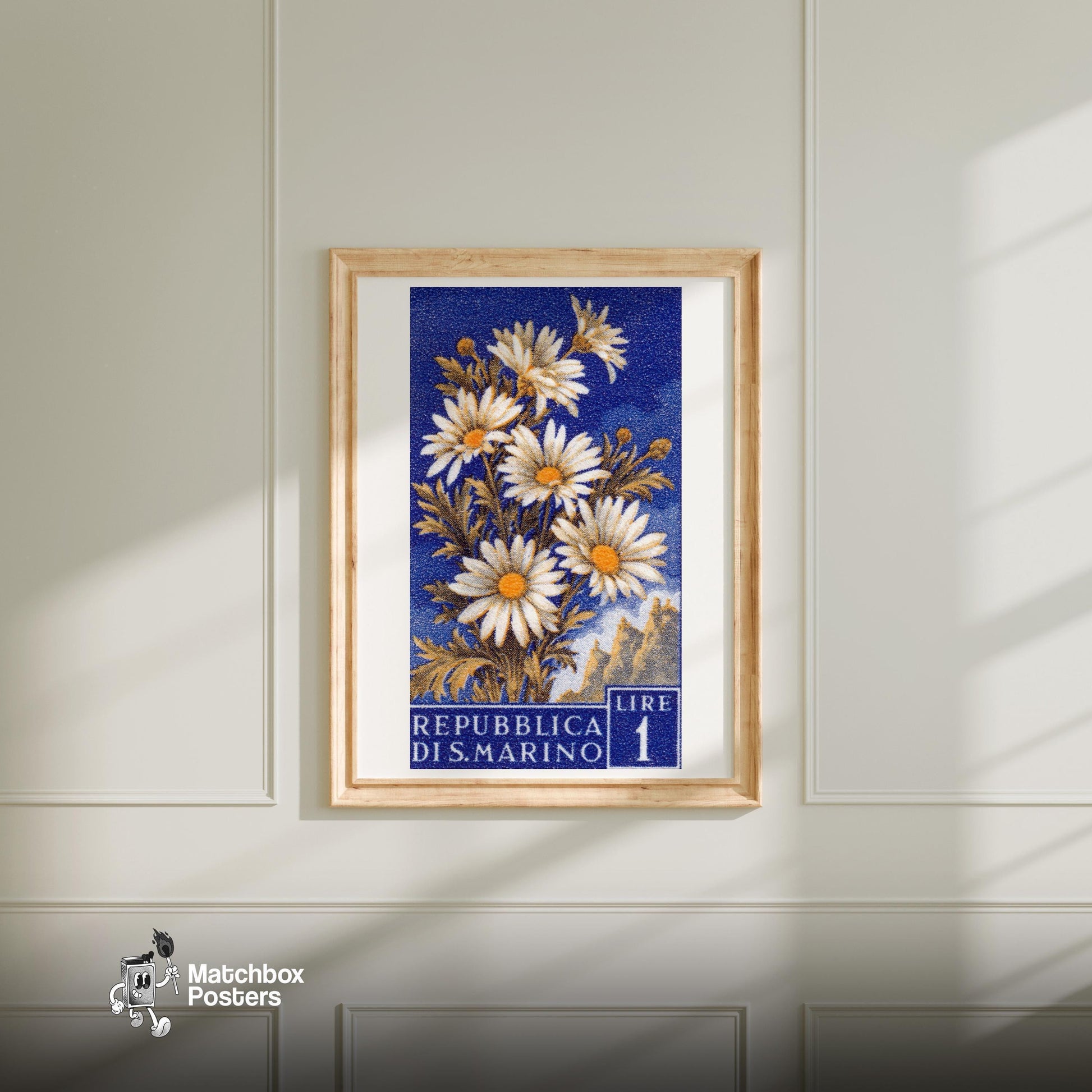 White Daisies - vintage matchbox label print - bedroom mockup
