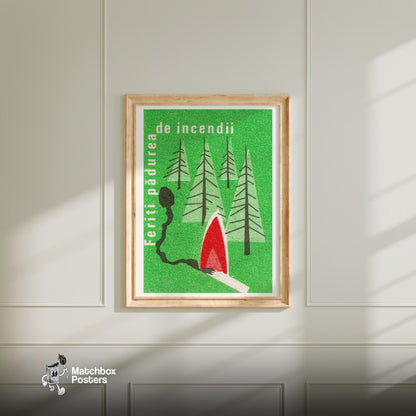 Protect Forest from Fires - vintage matchbox label print - bedroom mockup