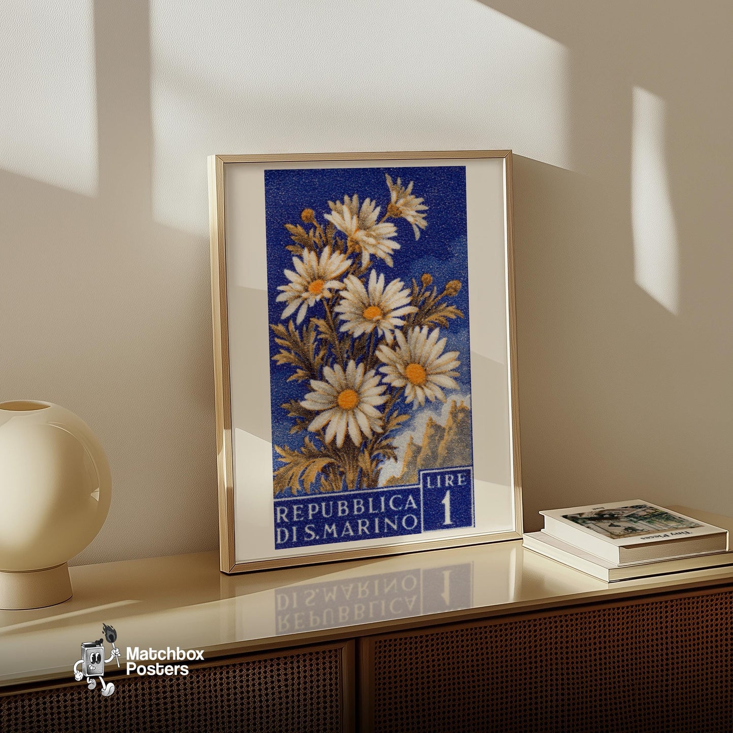 White Daisies - vintage matchbox label print - size comparison
