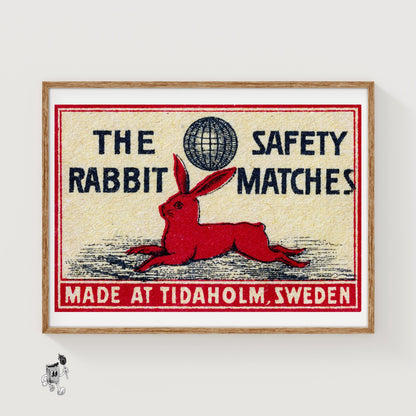 Red Rabbit Lying Down - vintage matchbox label print