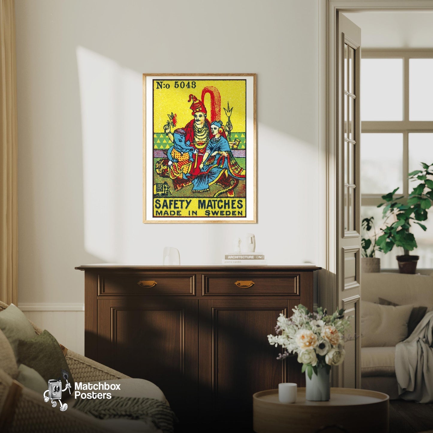 Indian Gods - vintage matchbox label print - living room mockup