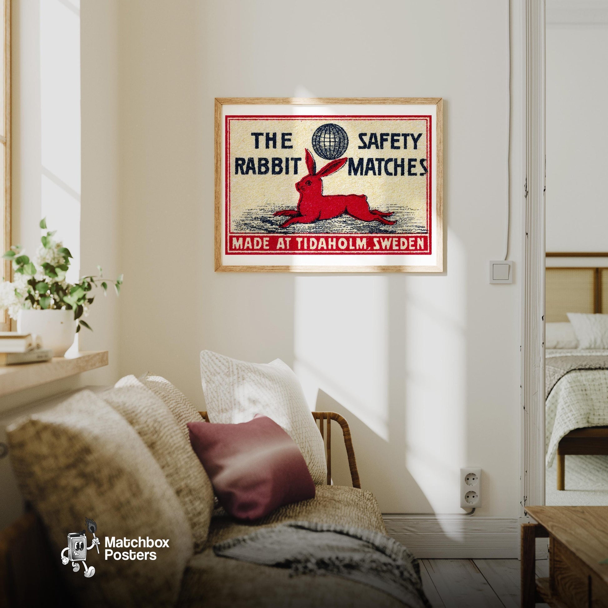 Red Rabbit Lying Down - vintage matchbox label print - living room mockup