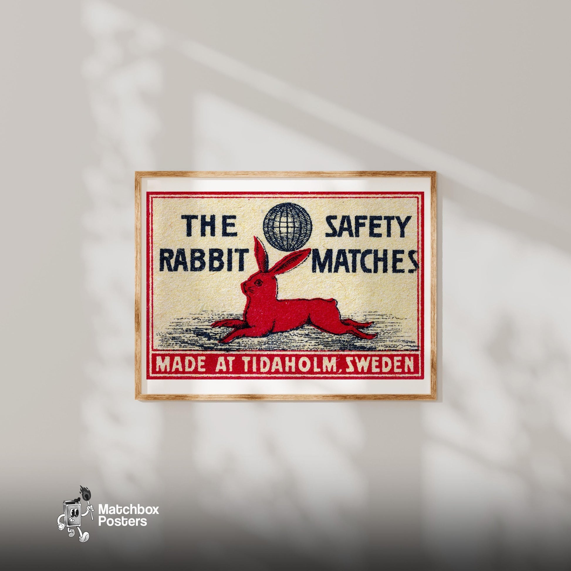 Red Rabbit Lying Down - vintage matchbox label print - bedroom mockup