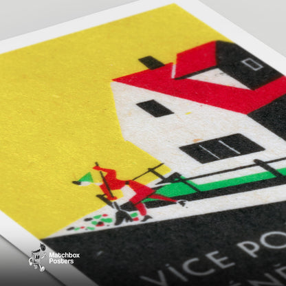 Stylized House - vintage matchbox label print - close-up detail