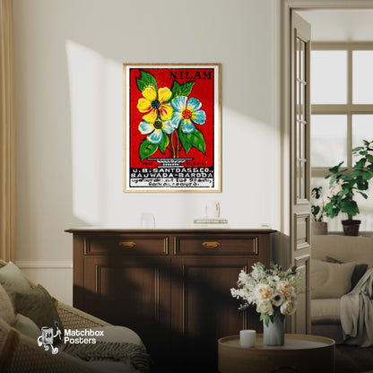 Yellow and Blue Flowers - vintage matchbox label print - living room mockup