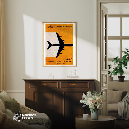 Silhouette Of A Jet Airplane - vintage matchbox label print - living room mockup