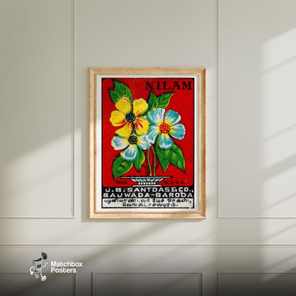 Yellow and Blue Flowers - vintage matchbox label print - bedroom mockup