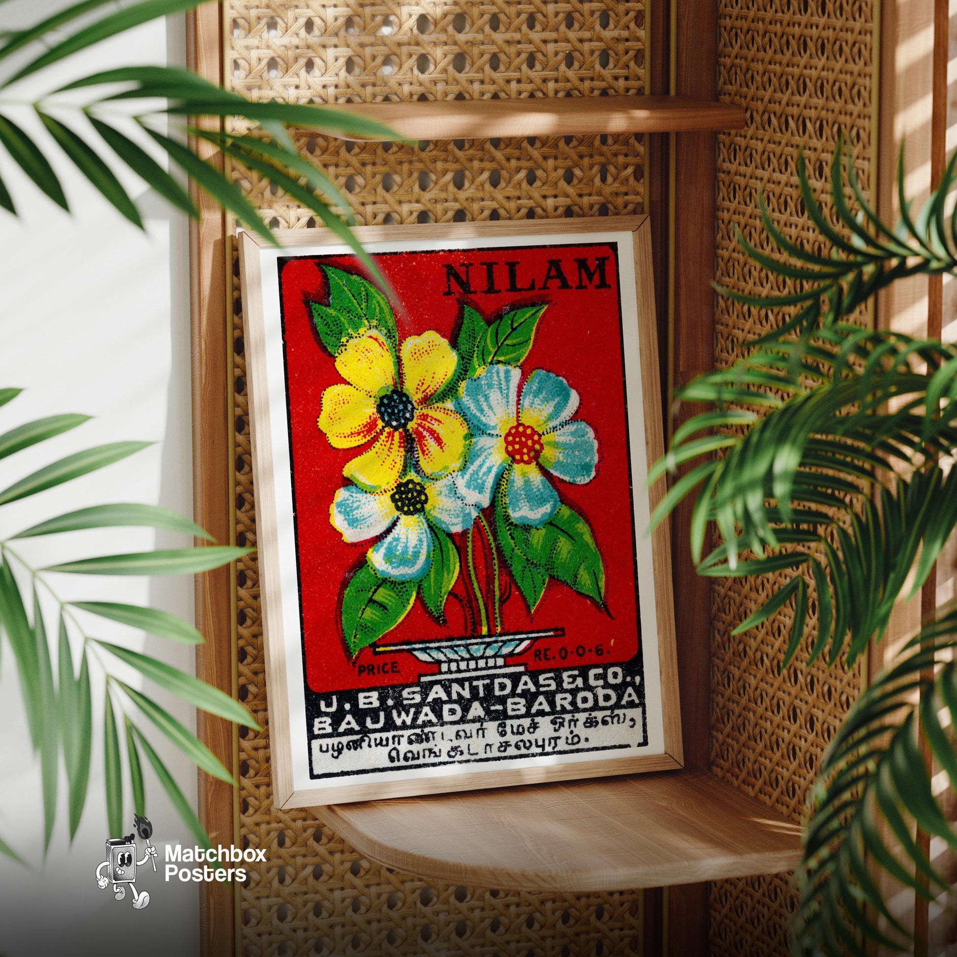 Yellow and Blue Flowers - vintage matchbox label print - office wall