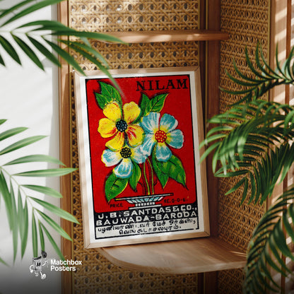Yellow and Blue Flowers - vintage matchbox label print - office wall