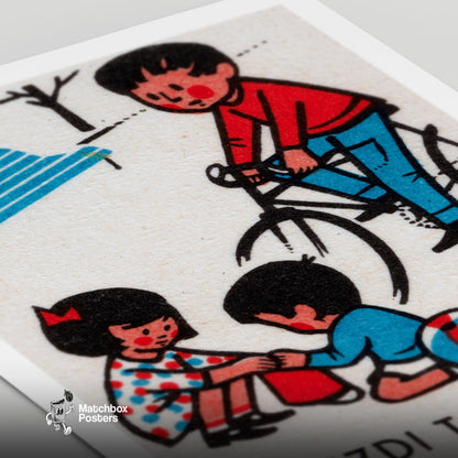 Children Playing - vintage matchbox label print - close-up detail