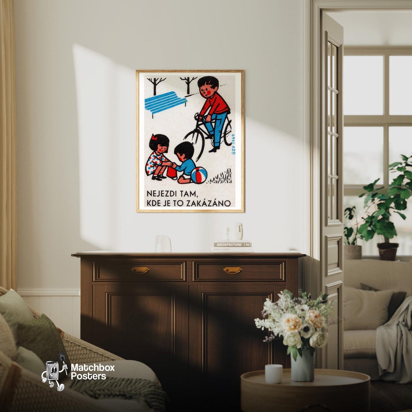 Children Playing - vintage matchbox label print - living room mockup