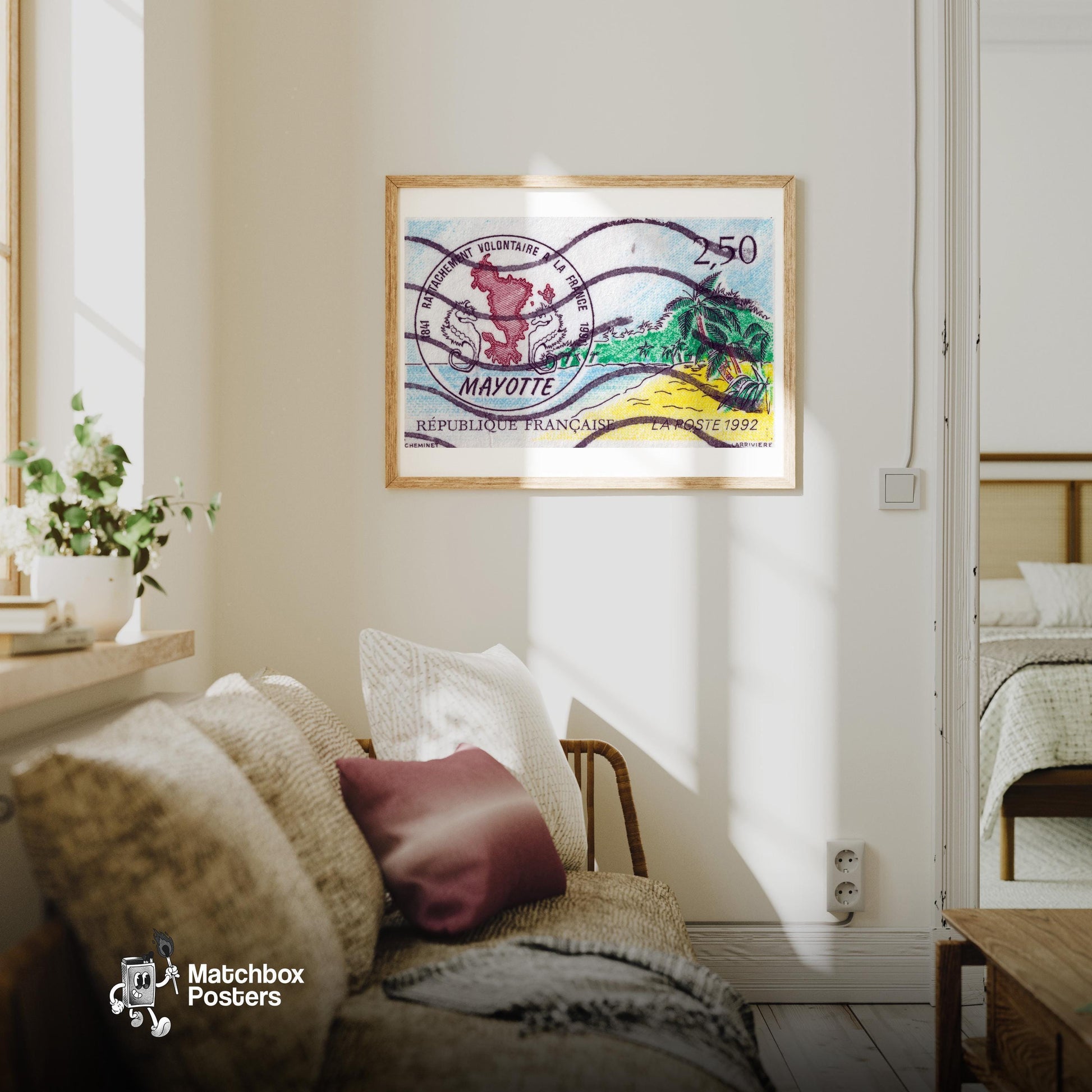 Mayotte Beach Scene - vintage matchbox label print - living room mockup