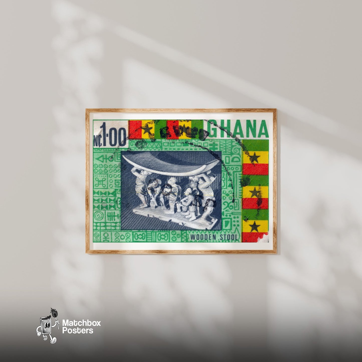Ghanaian Wooden Stool - vintage matchbox label print - bedroom mockup