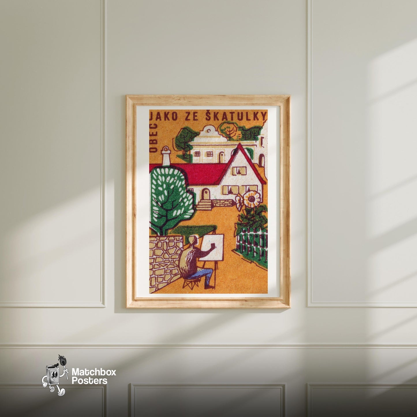 Village Painter - vintage matchbox label print - bedroom mockup