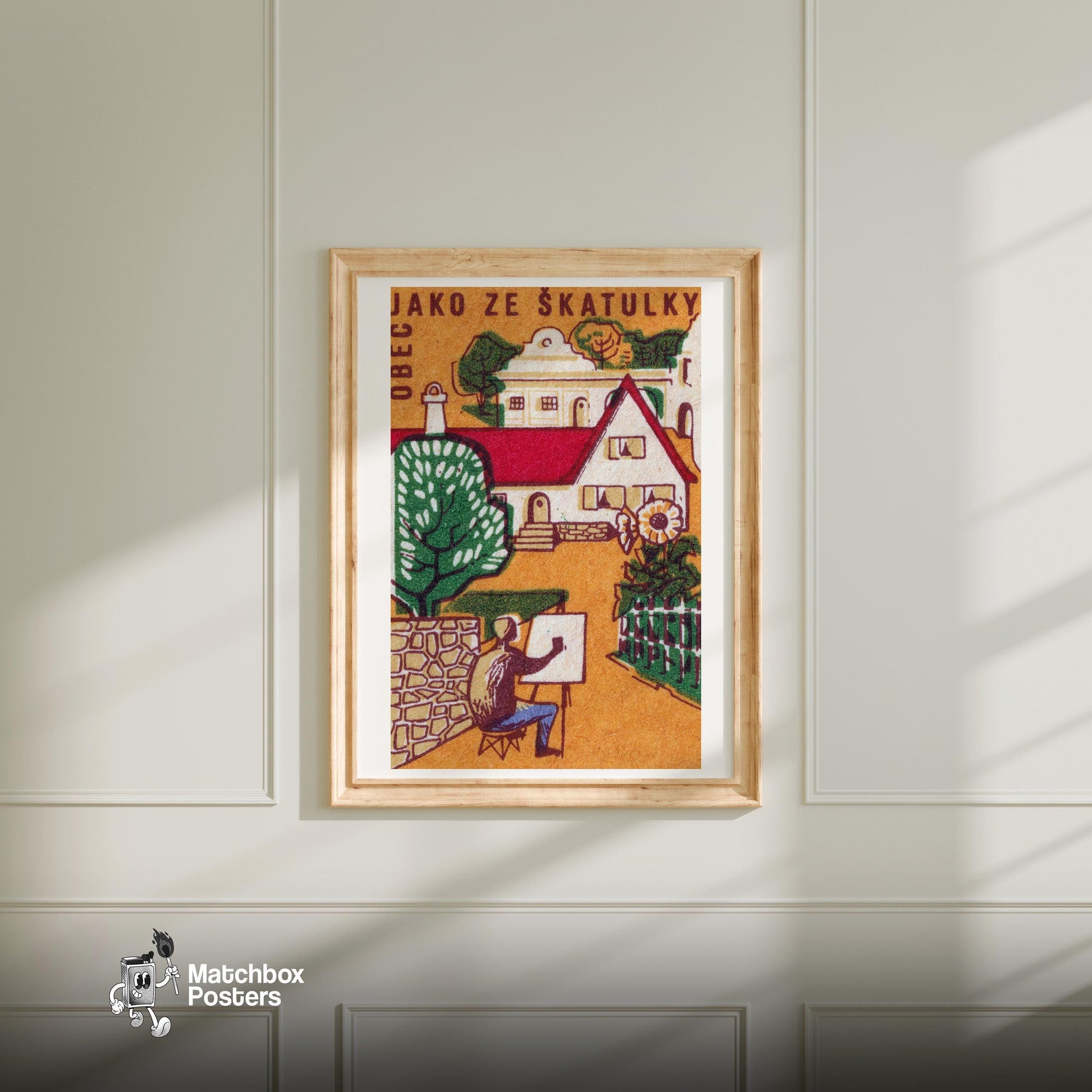 Village Painter - vintage matchbox label print - bedroom mockup