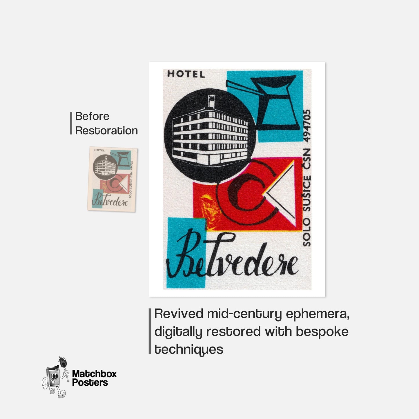 Czech Hotel - vintage matchbox label print - framed wall art preview