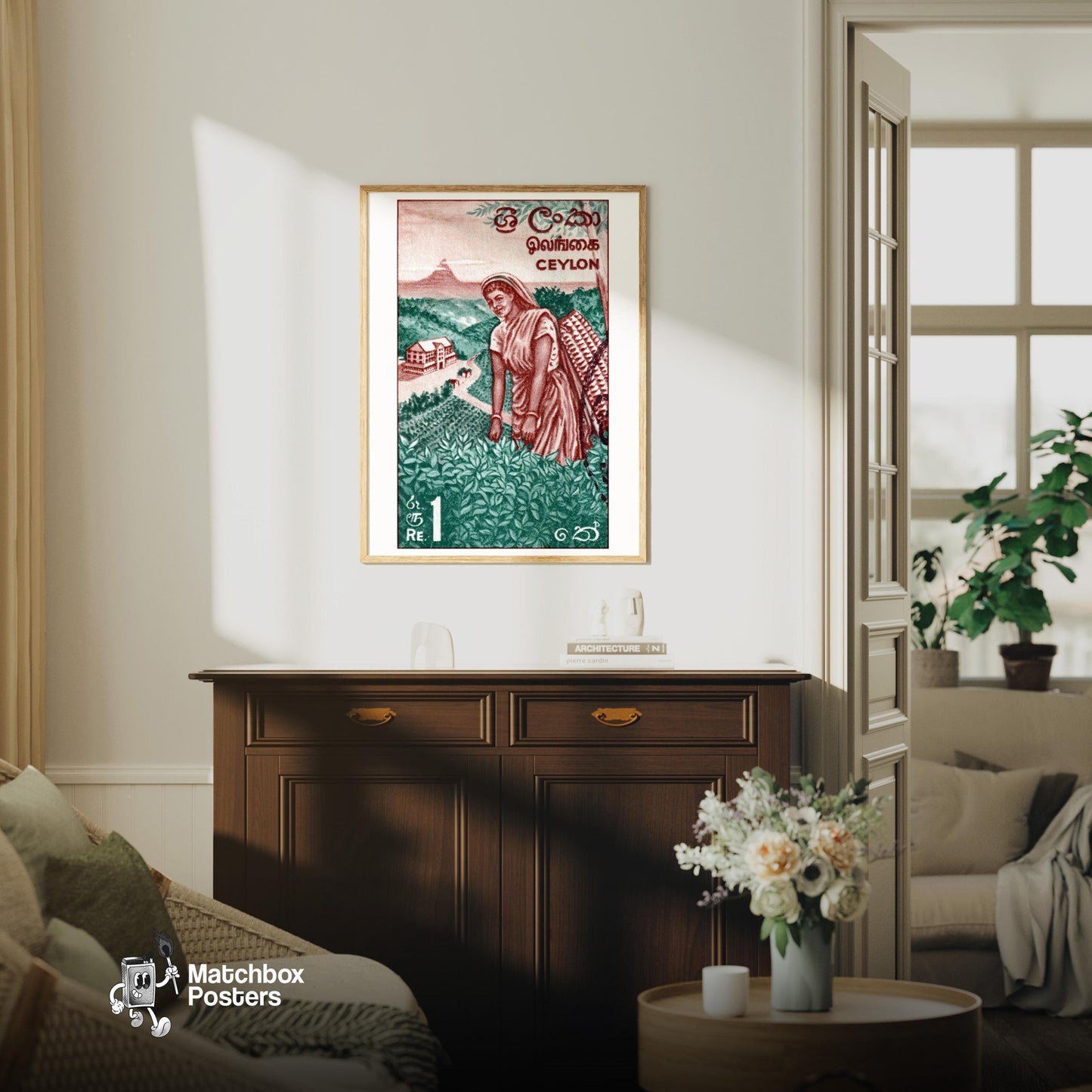 Tea Picker - vintage matchbox label print - living room mockup