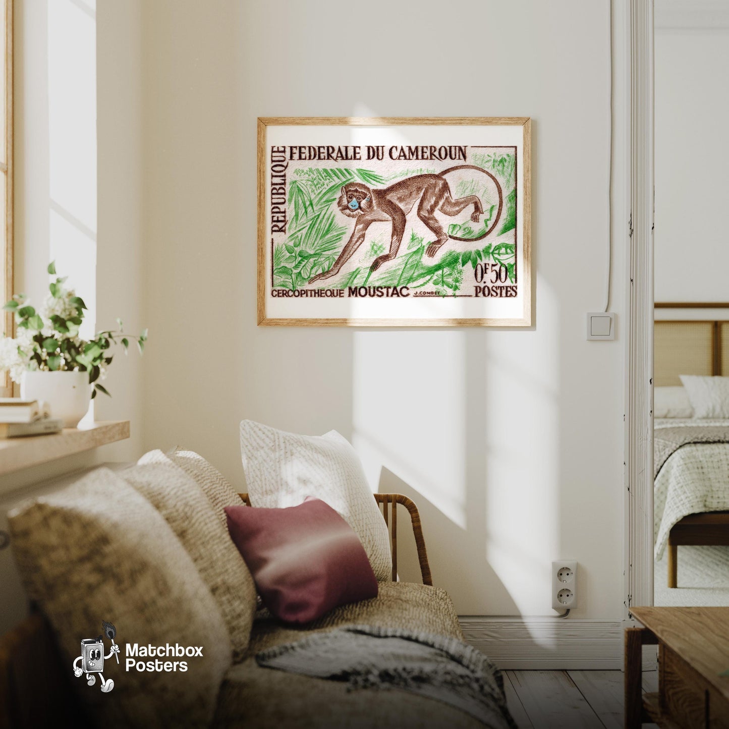 Cercopitheque Moustac Monkey - vintage matchbox label print - living room mockup