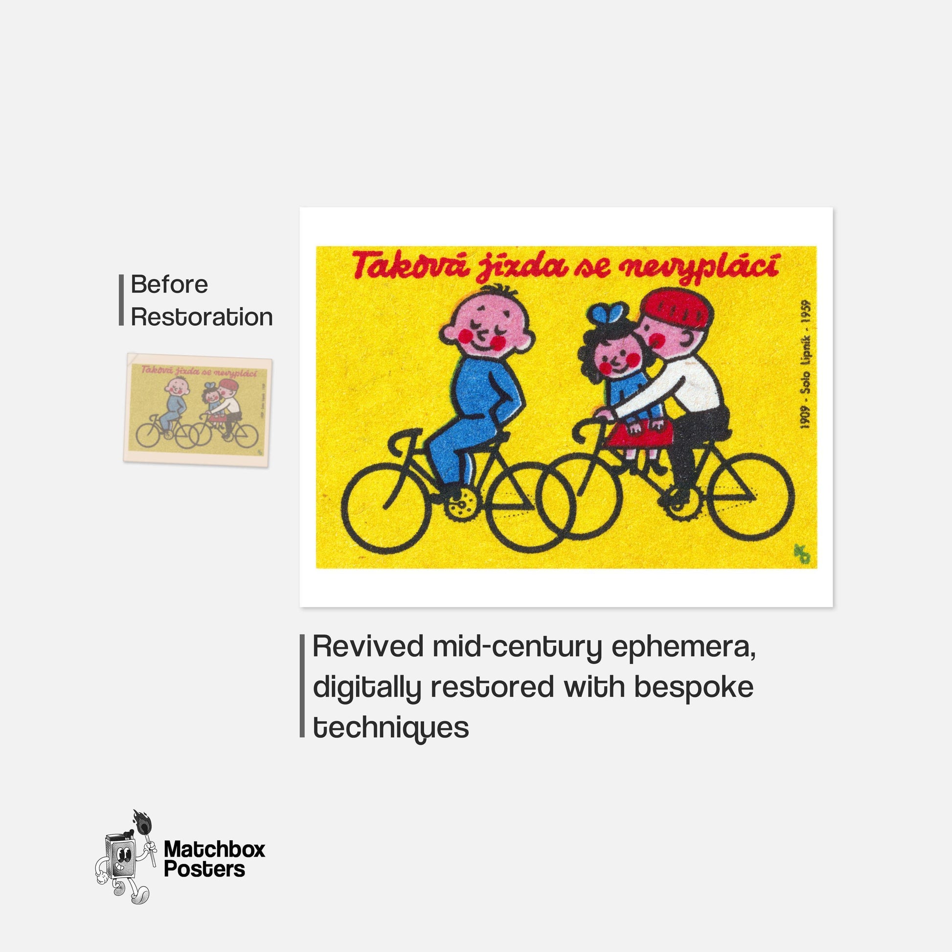 Children on Bicycles - vintage matchbox label print - framed wall art preview