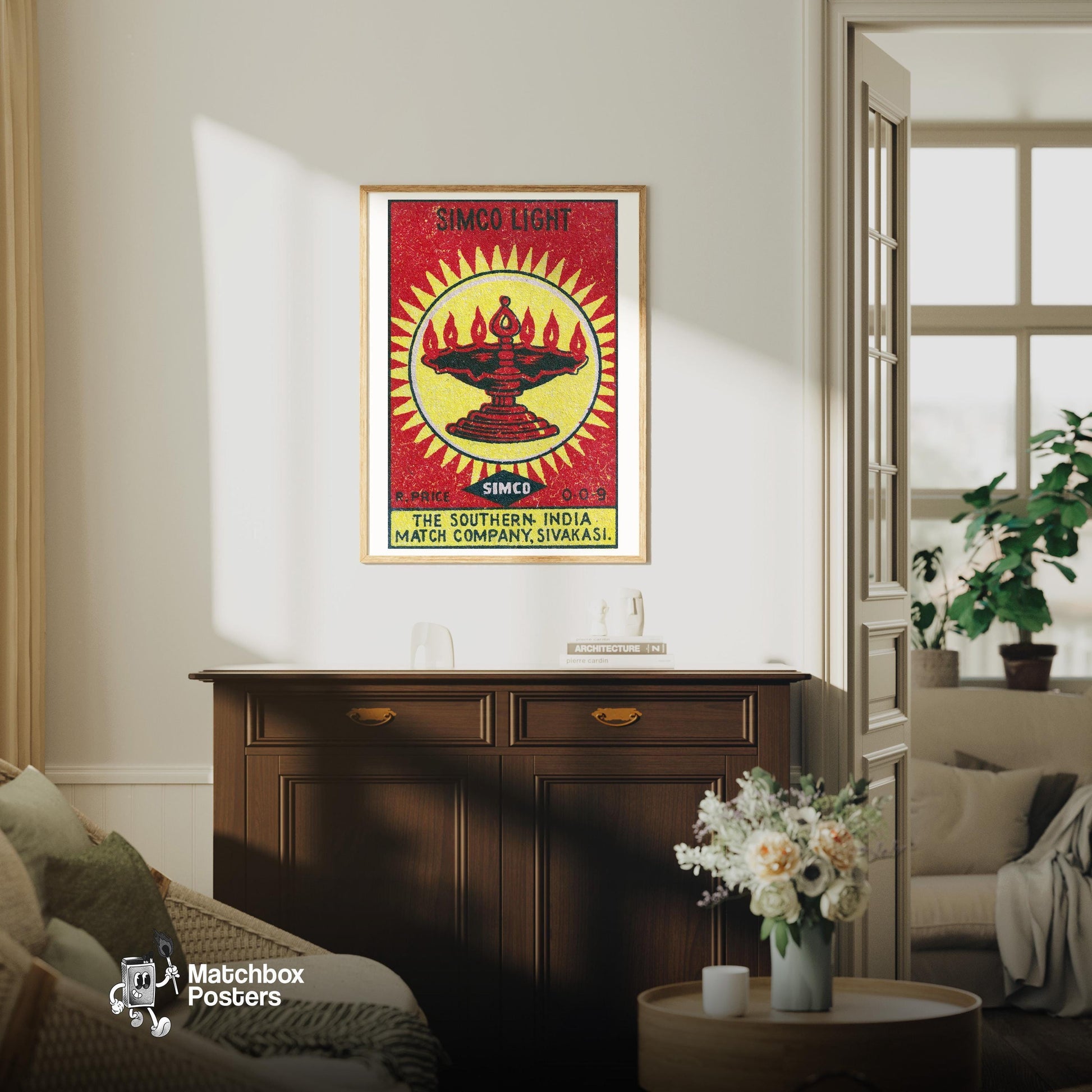 Flaming Lantern - vintage matchbox label print - living room mockup