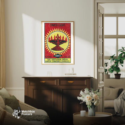 Flaming Lantern - vintage matchbox label print - living room mockup