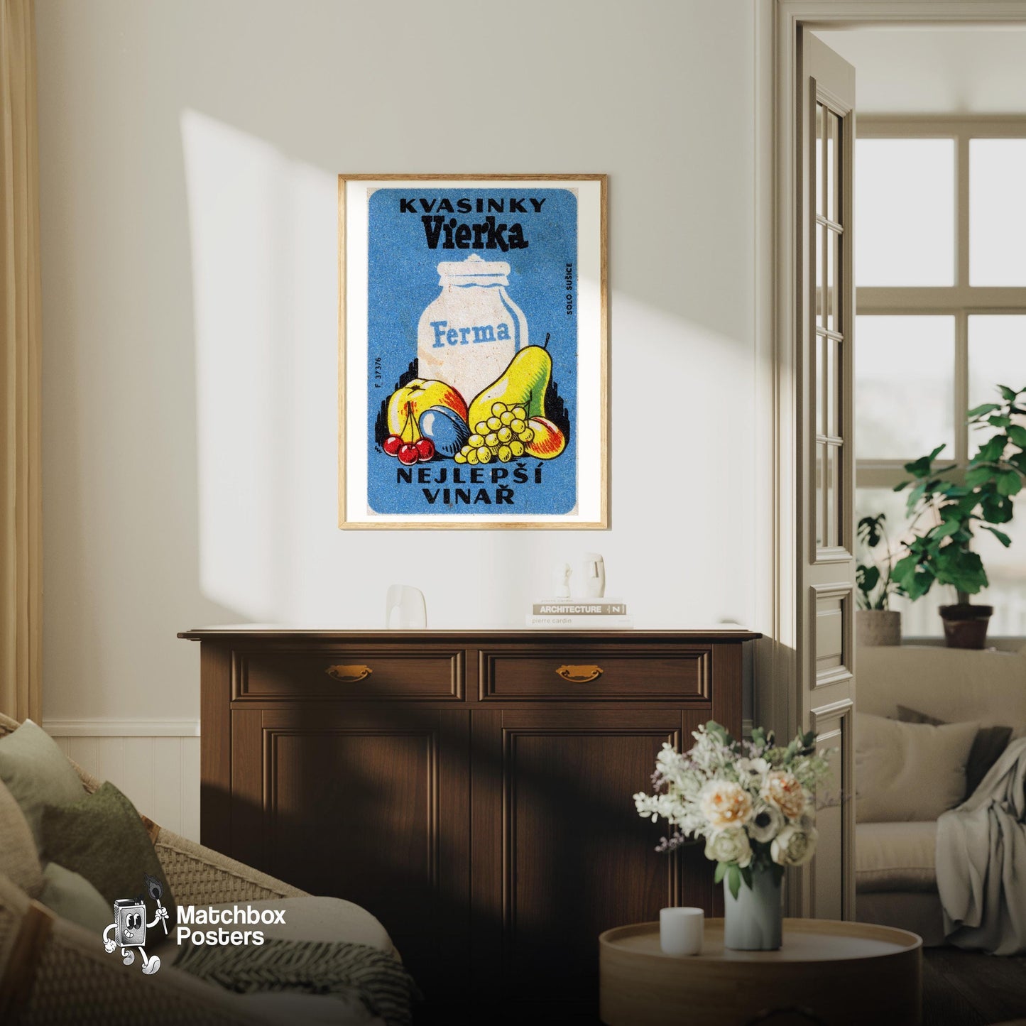 Milk Jug and Fruit - vintage matchbox label print - living room mockup