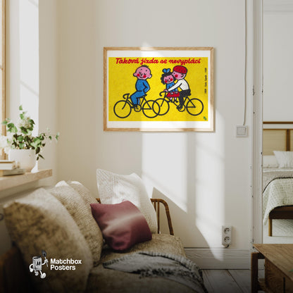 Children on Bicycles - vintage matchbox label print - living room mockup