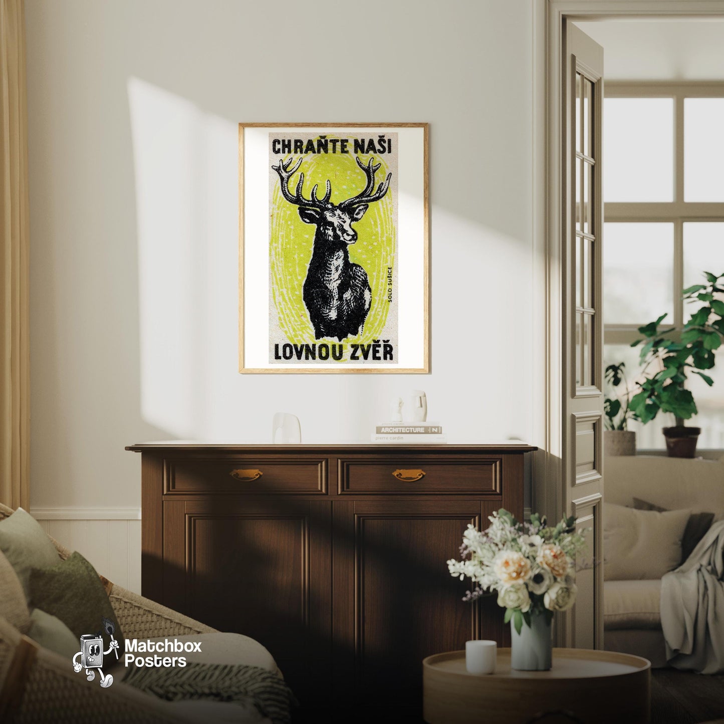 Black Stag - vintage matchbox label print - living room mockup
