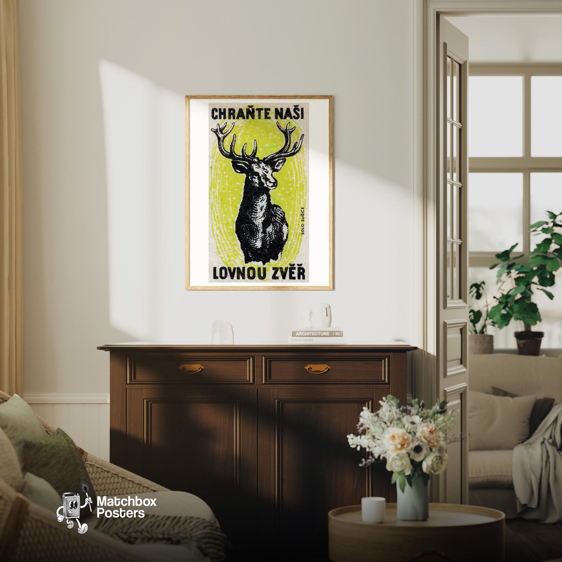 Black Stag - vintage matchbox label print - living room mockup