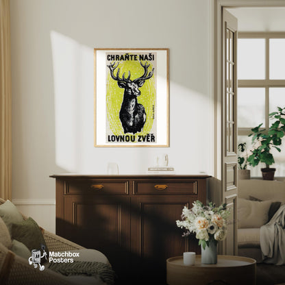 Black Stag - vintage matchbox label print - living room mockup