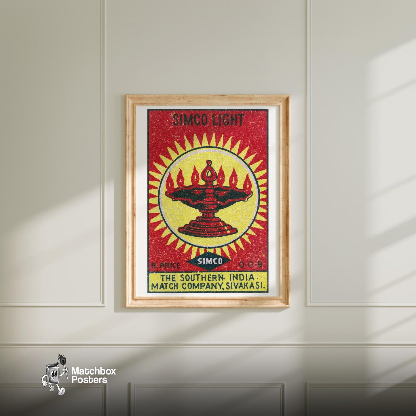 Flaming Lantern - vintage matchbox label print - bedroom mockup