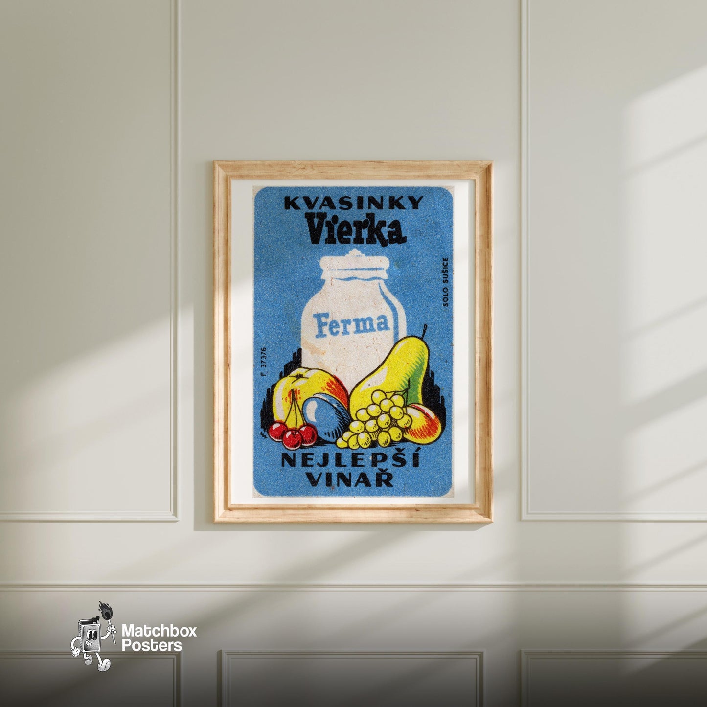 Milk Jug and Fruit - vintage matchbox label print - bedroom mockup