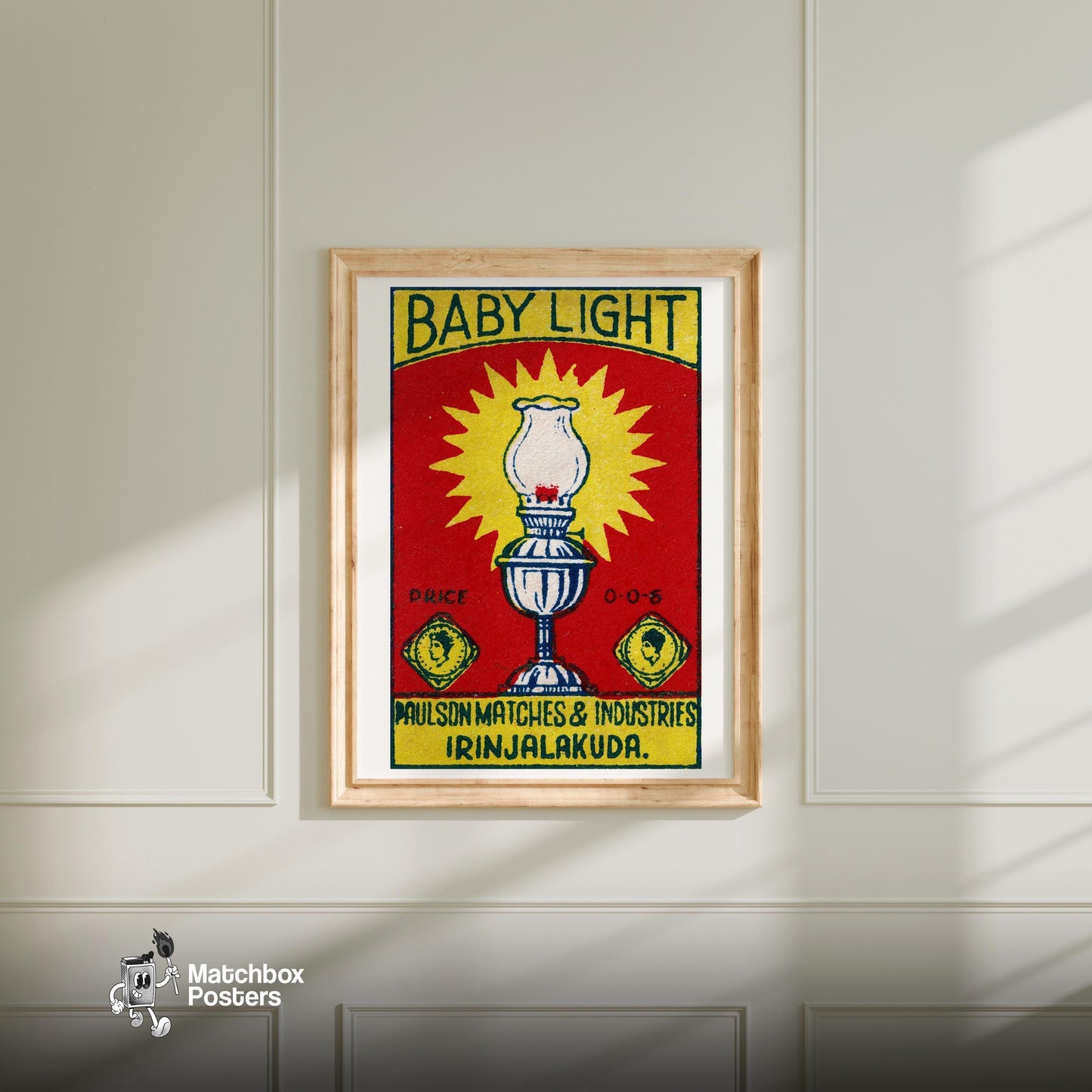 Illustration Of An Oil Lamp - vintage matchbox label print - bedroom mockup