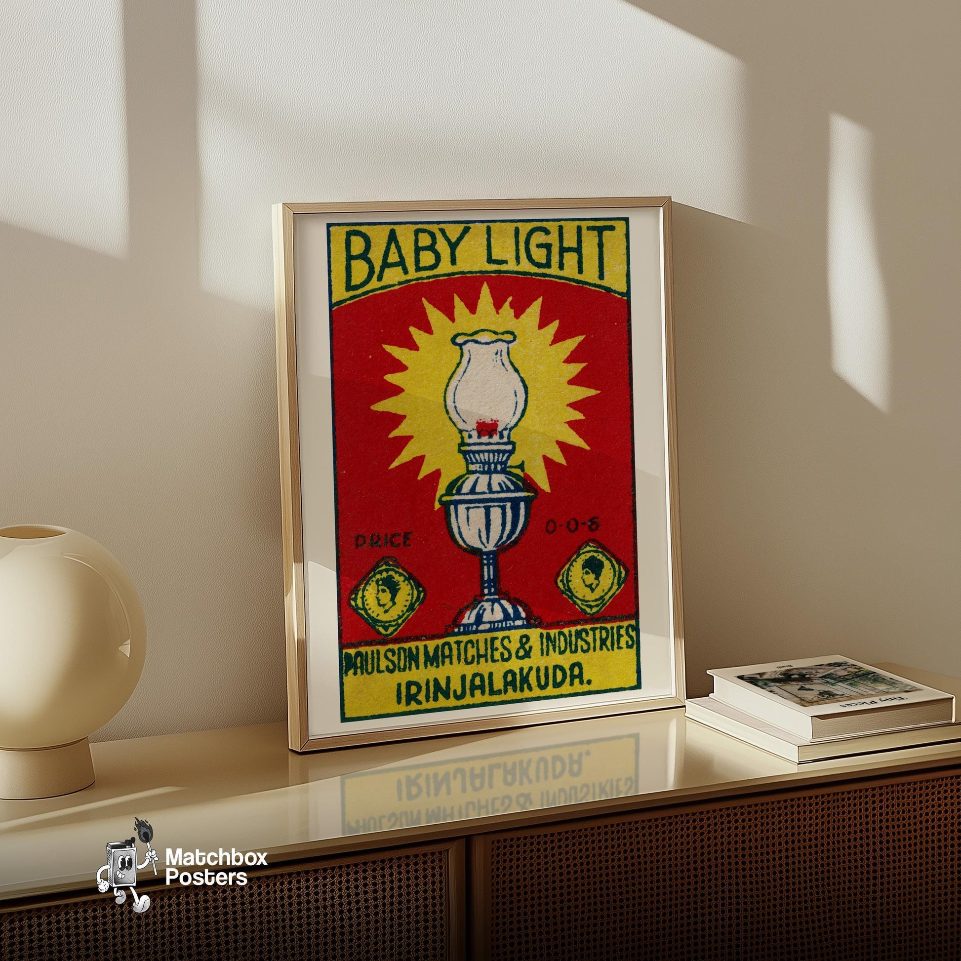 Illustration Of An Oil Lamp - vintage matchbox label print - size comparison