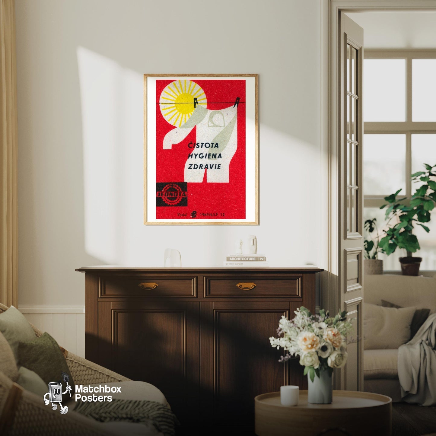 Sun and Laundry - vintage matchbox label print - living room mockup