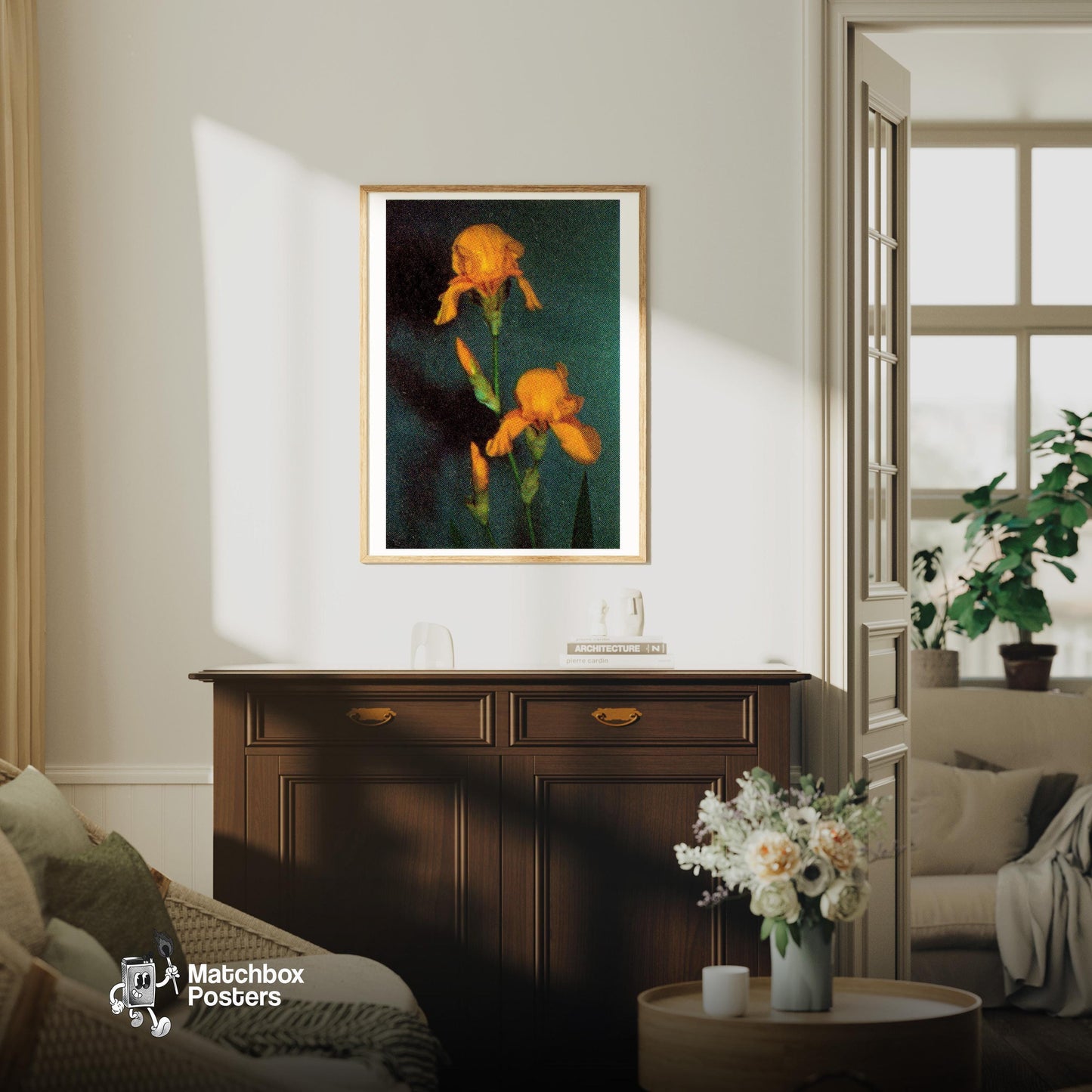 Yellow Flowers - vintage matchbox label print - living room mockup