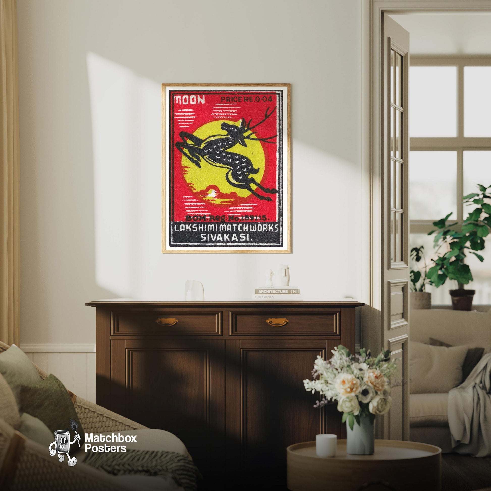 Jumping Deer - vintage matchbox label print - living room mockup