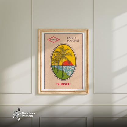 Palm Trees - vintage matchbox label print - bedroom mockup