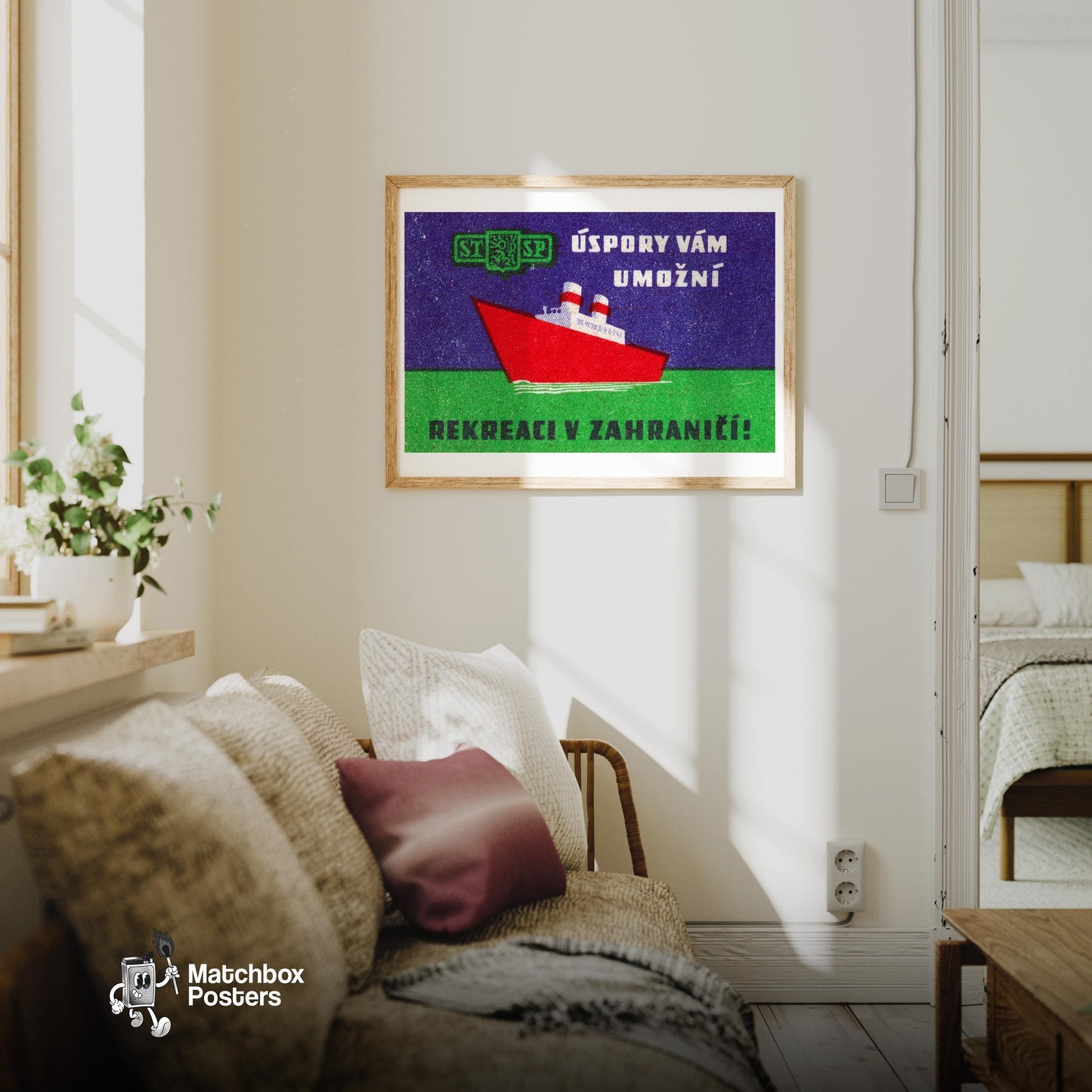 Cruise Ship - vintage matchbox label print - living room mockup