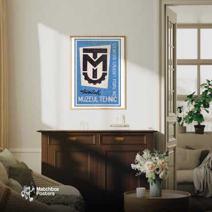 Bucharest Technical Museum - vintage matchbox label print - living room mockup